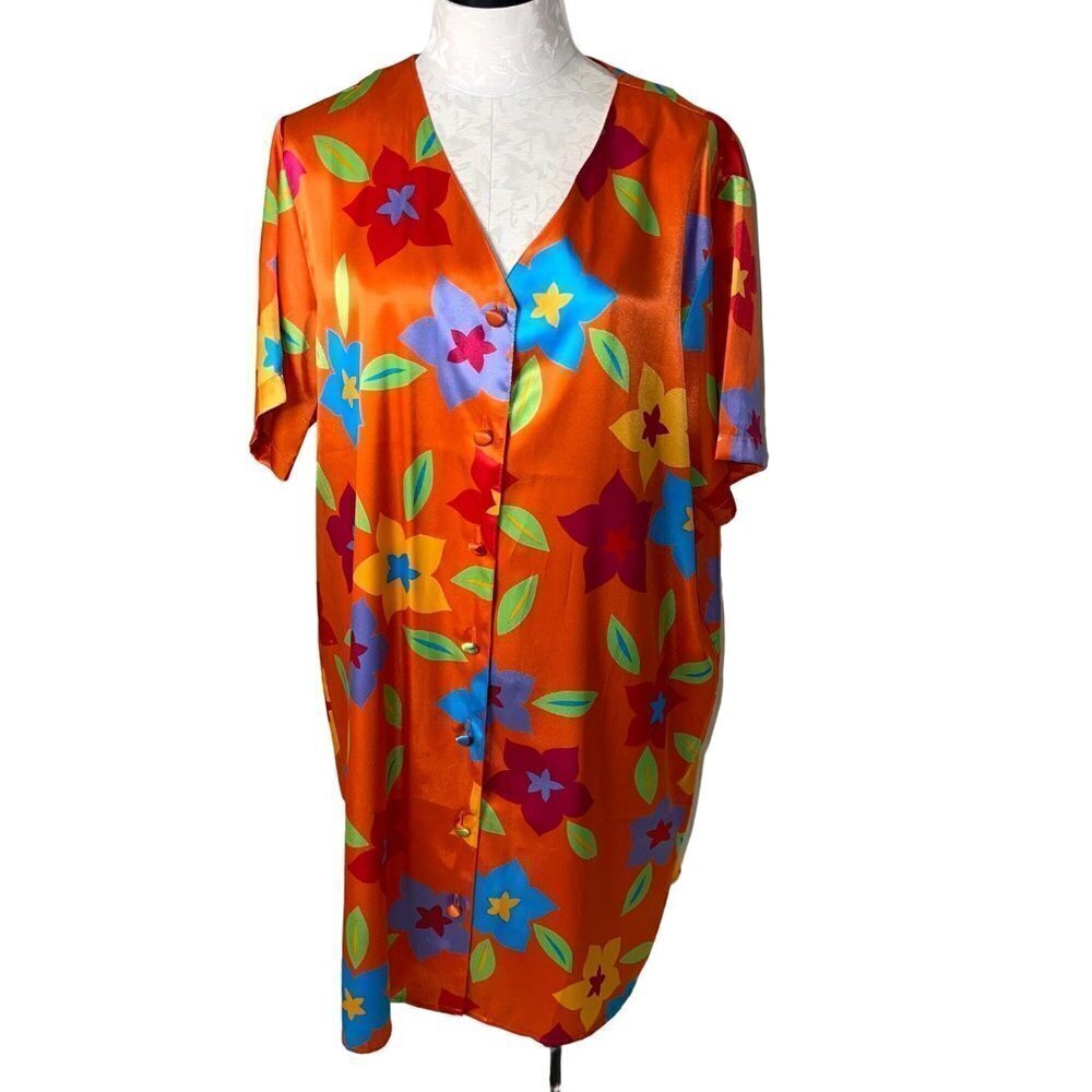 Vintage Womens Night Shirt Large Orange Satin Floral Covered Buttons Nightie